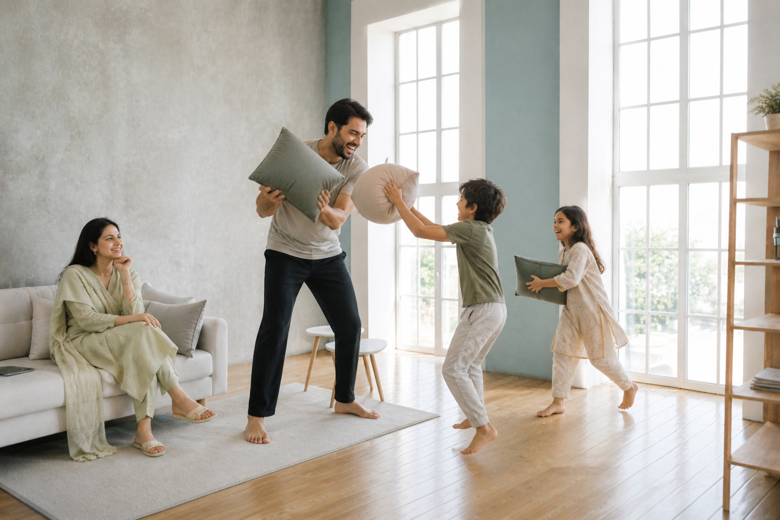 Family in a bright living room